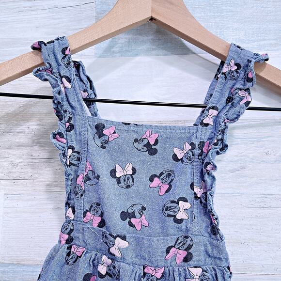 Disney Minnie Mouse Printed Chambray Ruffle Pinafore Dress Blue Apron Girl 5 - Picture 2 of 4